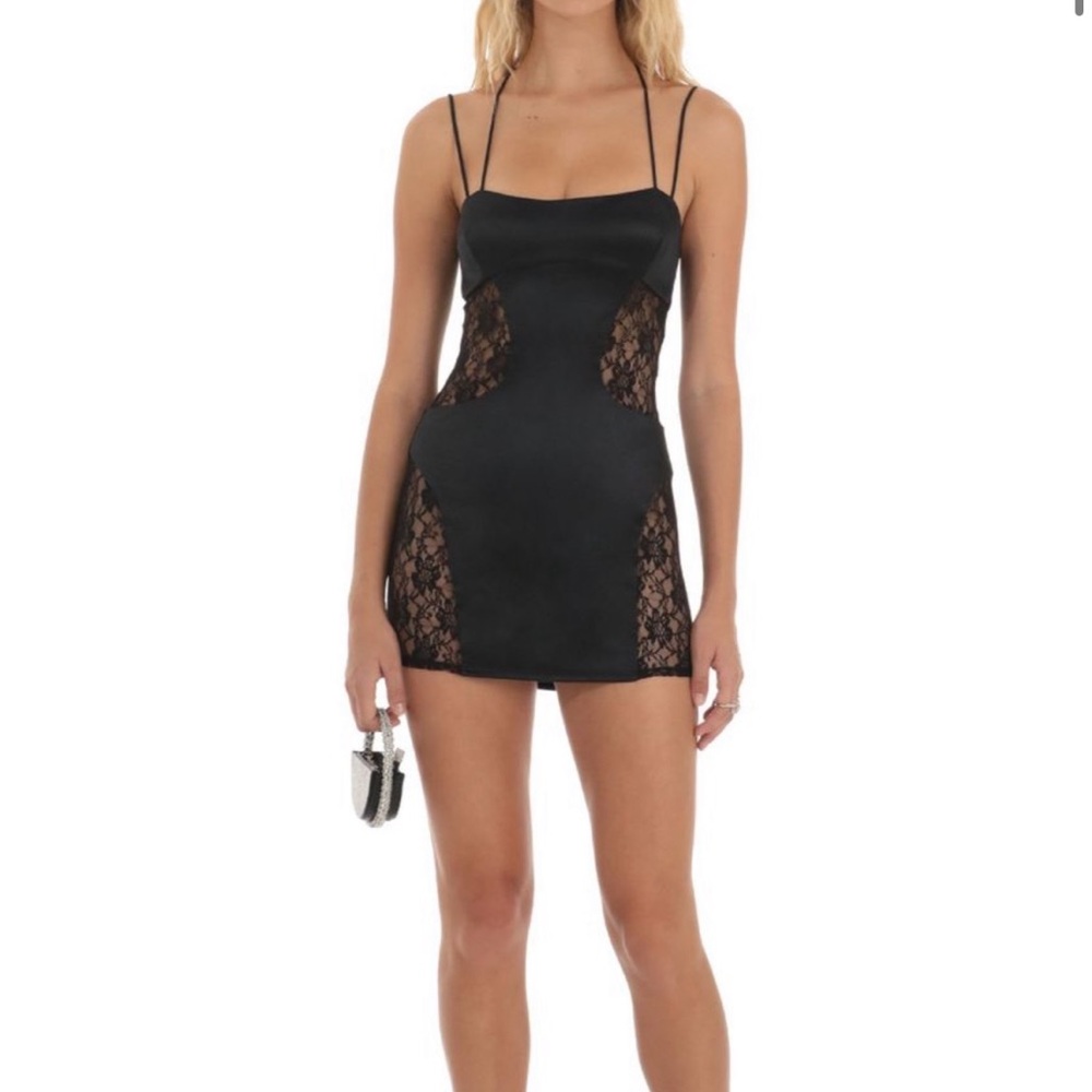 LUCY IN THE SKY satin lace cutout dress in black!!